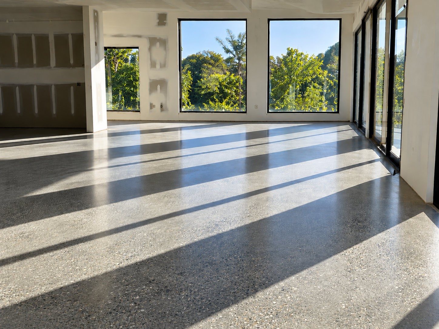 Modern concrete floor mechanically polished to 200 grit with a matte finish and subtle natural sheen